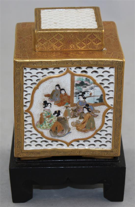 A Japanese Satsuma pottery cube-shaped koro and cover, Meiji period, signed Fujisan, width 6.5cm